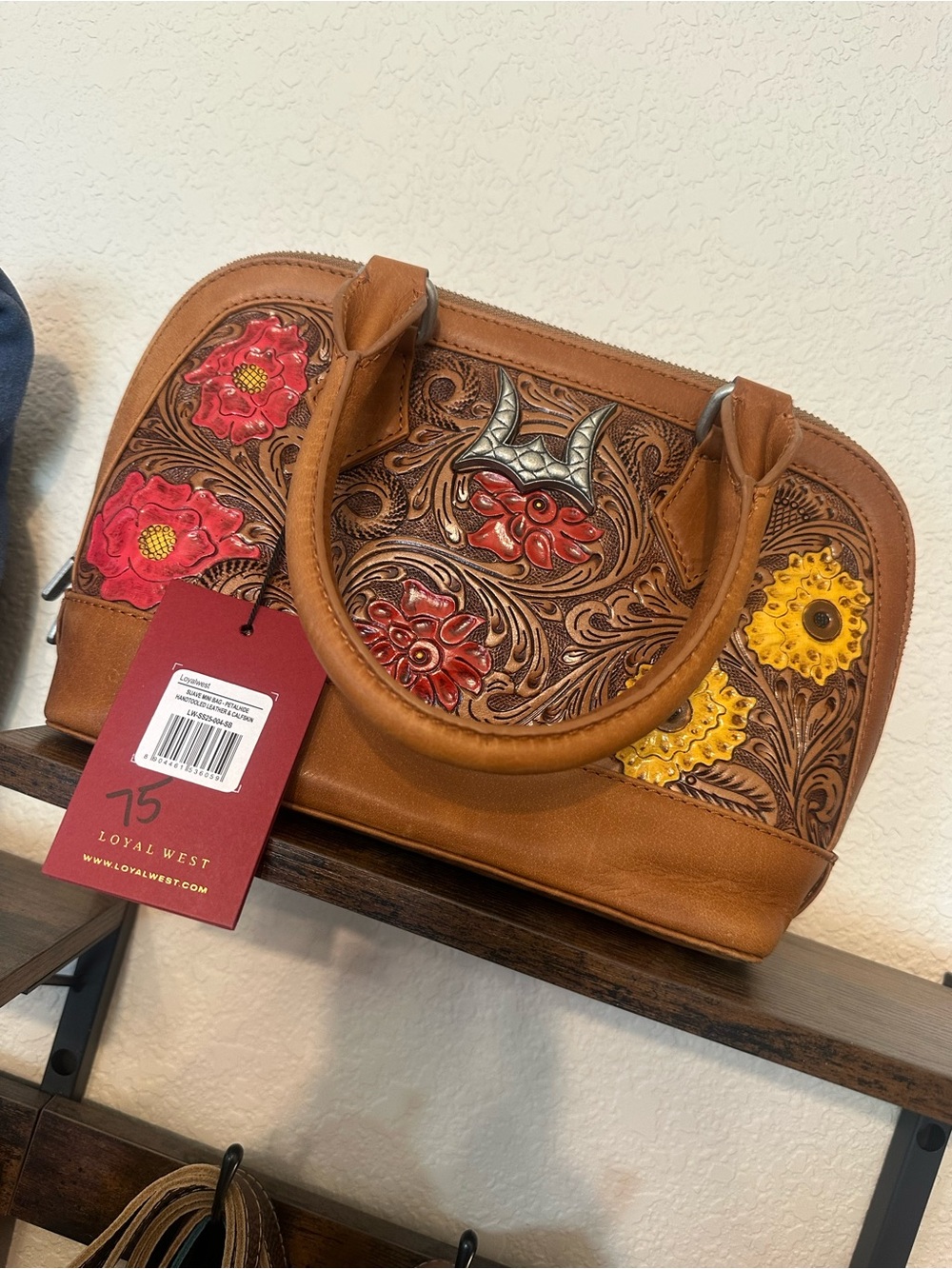 Tooled Leather Floral Satchel in Tan with Red & Yellow Accents